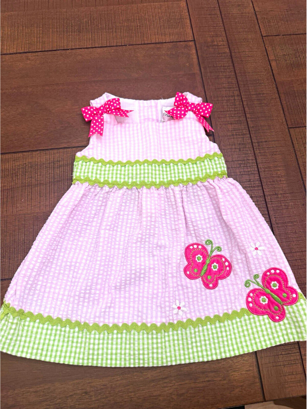 Rare Editions Girls 6-9M Pink/Green Seersucker Gingham Butterfly Dress Bow